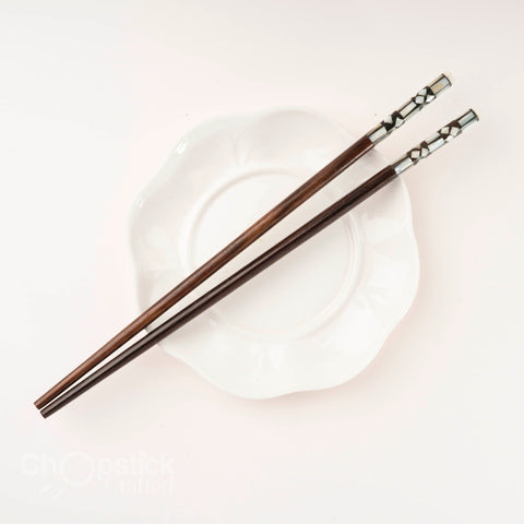 Natural Trac wood chopsticks with abalone head. Free Personalized Engraving
