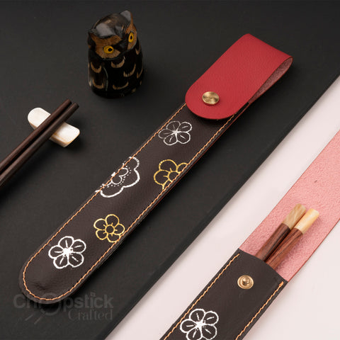 Rosewood chopsticks and red leather bag in cherry blossom style
