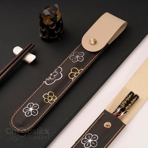 Rosewood chopsticks and cherry blossom style leather bag