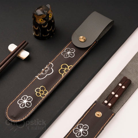 Rosewood chopsticks and leather bag in cherry blossom