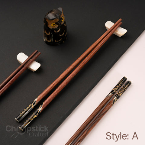Rosewood chopsticks and red leather bag in cherry blossom style