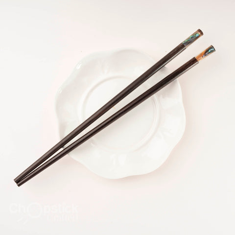 Round Trac wooden chopsticks with Australian abalone head. Personalized Engraving