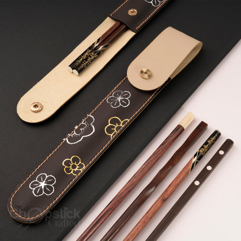 Rosewood chopsticks and cherry blossom style leather bag