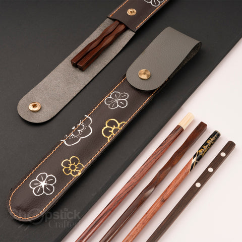 Rosewood chopsticks and leather bag in cherry blossom
