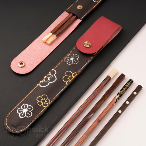 Rosewood chopsticks and red leather bag in cherry blossom style
