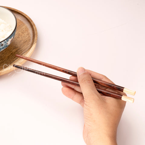 Rosewood chopsticks and red leather bag in cherry blossom style