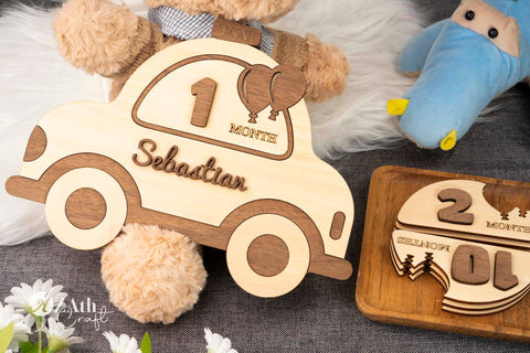 Hello World! Wooden Milestone Markers: Taxi Edition for Baby's First Year