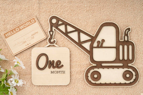 Baby's First Year Milestones: Construction Crane Wooden Sign Set