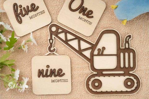 Baby's First Year Milestones: Construction Crane Wooden Sign Set