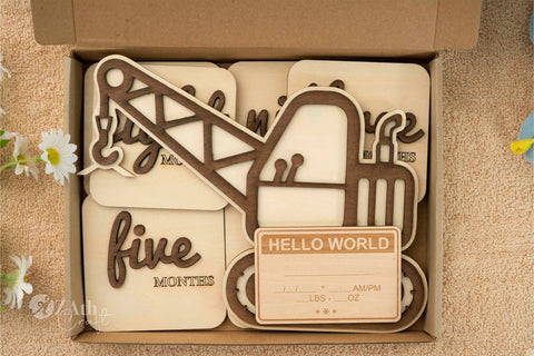 Baby's First Year Milestones: Construction Crane Wooden Sign Set