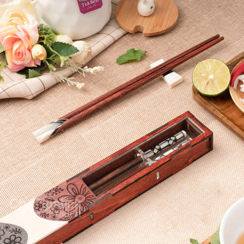 Rosewood Chopsticks with Dark red patterned wooden box. Personalized Chopstick.