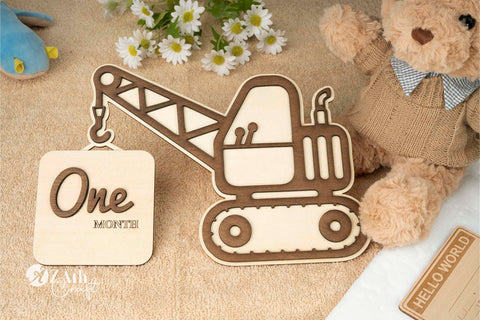 Baby's First Year Milestones: Construction Crane Wooden Sign Set