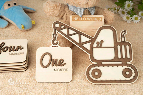 Baby's First Year Milestones: Construction Crane Wooden Sign Set