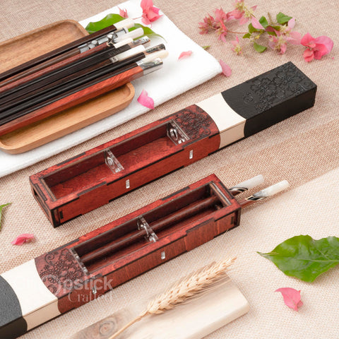 Chopsticks with Dark red patterned wooden box. Personalized Chopstick.