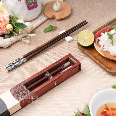Chopsticks with Dark red patterned wooden box. Personalized Chopstick.