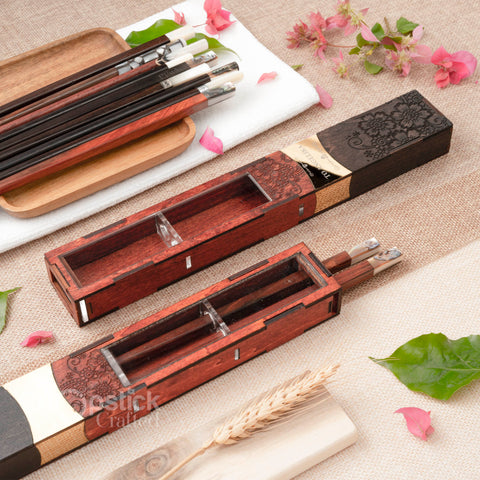 Chopsticks with Dark red patterned wooden box. Personalized Chopstick and box.