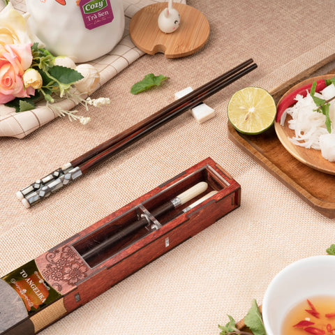 Chopsticks with Dark red patterned wooden box. Personalized Chopstick and box.