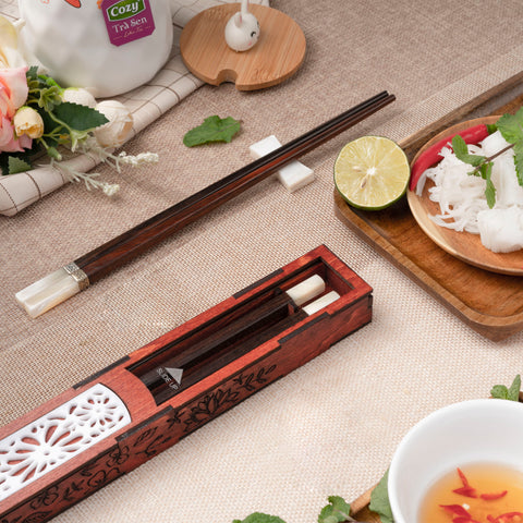 Chopsticks with Dark red stylized wooden box. Personalized Chopstick