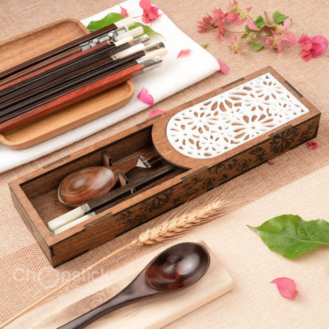 High quality brown wooden box of chopsticks and spoons. Personalize chopsticks and spoons