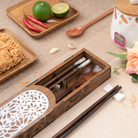 High quality brown wooden box of chopsticks and spoons. Personalize chopsticks and spoons
