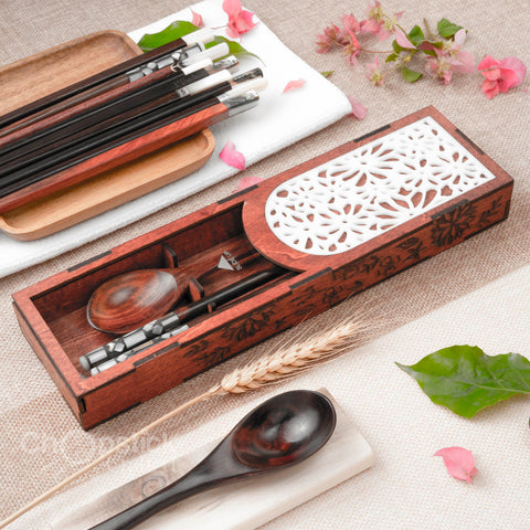 High-quality box of chopsticks and wooden spoons in dark red color. Personalize chopsticks and spoons