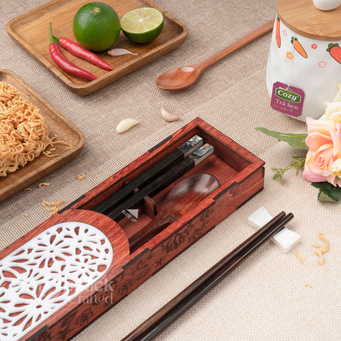High-quality box of chopsticks and wooden spoons in dark red color. Personalize chopsticks and spoons