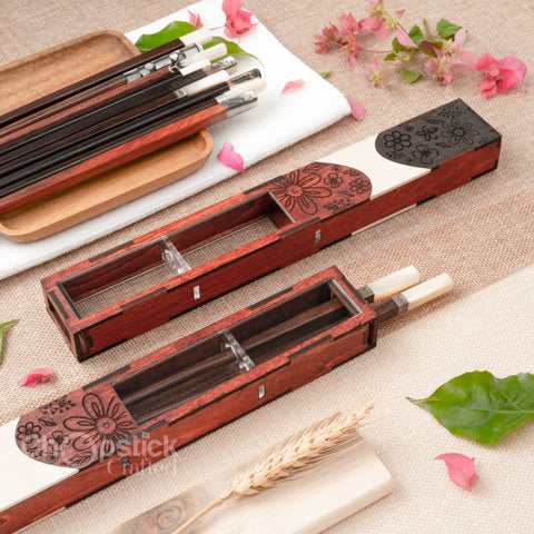 Rosewood Chopsticks with Dark red patterned wooden box. Personalized Chopstick.