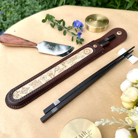 Personalized Japanese Chopsticks with Cowhide leather Bag Handmade.