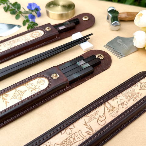 Personalized Japanese Chopsticks with Cowhide leather Bag Handmade.