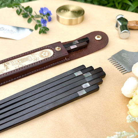 Personalized Japanese Chopsticks with Cowhide leather Bag Handmade.