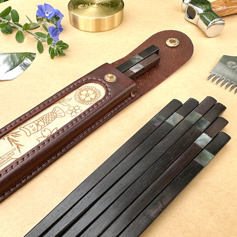 Personalized Japanese Chopsticks with Cowhide leather Bag Handmade.
