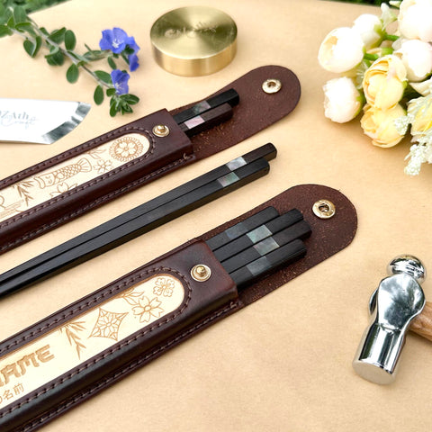 Personalized Japanese Chopsticks with Cowhide leather Bag Handmade.