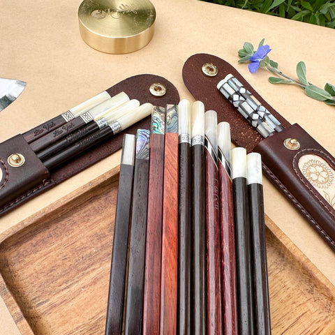 Japanese Chopsticks Personalized with Cowhide leather Bag Handmade.