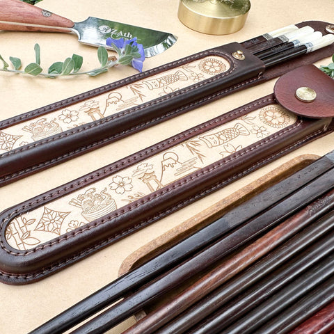 Japanese Chopsticks Personalized with Cowhide leather Bag Handmade.