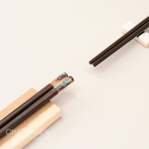 Round Trac wooden chopsticks with Australian abalone head. Personalized Engraving