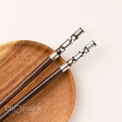 Natural Trac wood chopsticks with abalone head. Free Personalized Engraving