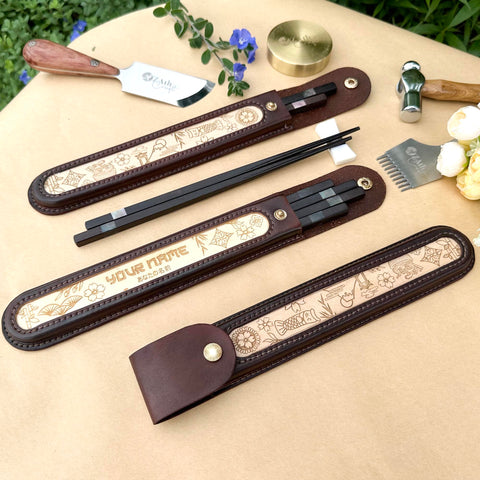 Personalized Japanese Chopsticks with Cowhide leather Bag Handmade.