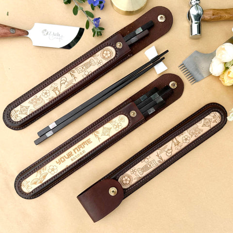 Personalized Japanese Chopsticks with Cowhide leather Bag Handmade.