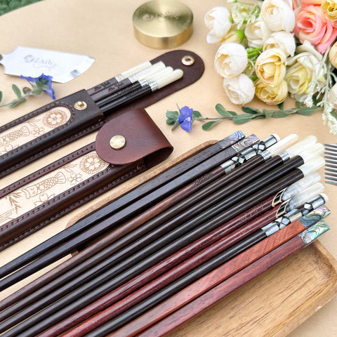 Japanese Chopsticks Personalized with Cowhide leather Bag Handmade.