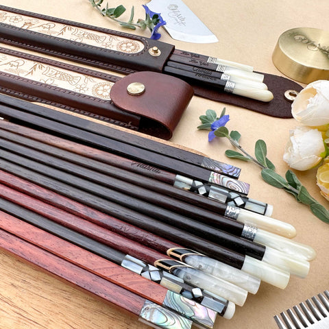 Japanese Chopsticks Personalized with Cowhide leather Bag Handmade.