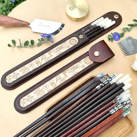 Japanese Chopsticks Personalized with Cowhide leather Bag Handmade.