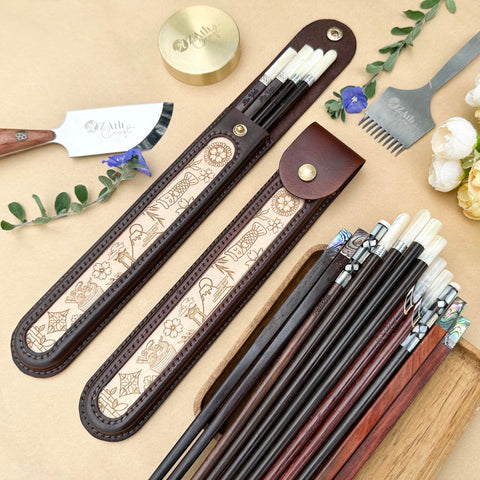 Japanese Chopsticks Personalized with Cowhide leather Bag Handmade.