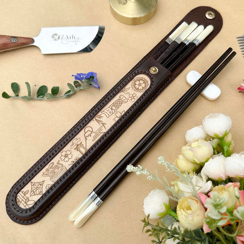 Japanese Chopsticks Personalized with Cowhide leather Bag Handmade.