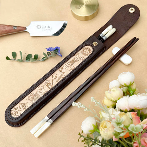 Japanese Chopsticks Personalized with Cowhide leather Bag Handmade.